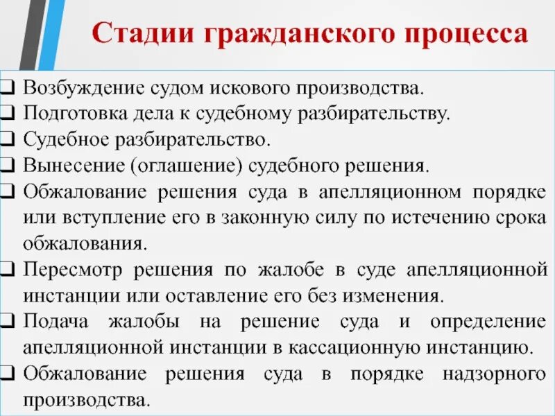 Обязанность суда гпк рф. Стадии гражданского судебного процесса. Этапы гражданского судопроизводства. Стадии процесса ГПК. Этапы разбирательства дела в гражданском процессе.