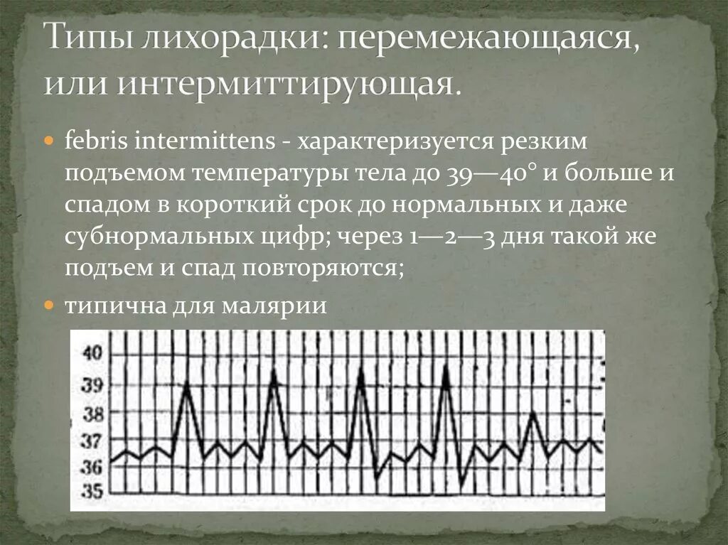 Температурная кривая при интермиттирующей лихорадке. Температурная кривая при перемежающей лихорадке. Гектическая лихорадка (Febris hectica):. Типы температурных кривых: перемежающаяся лихорадка.. Сохраняющиеся лихорадка