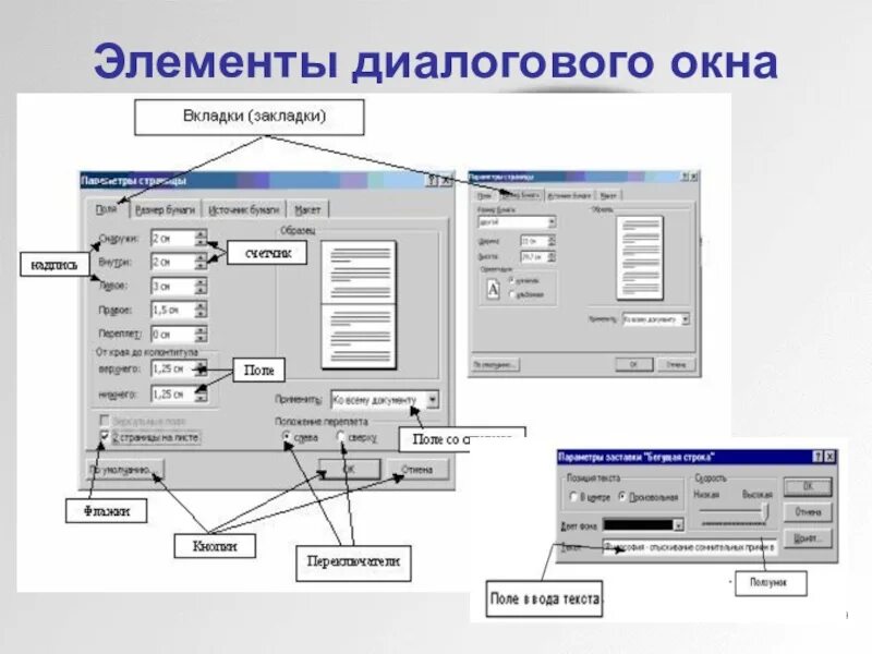 Назовите элементы управления. Элементы диалогового окна. Основные элементы диалогового окна. Элементы управления диалогового окна. Типы диалоговых окон.