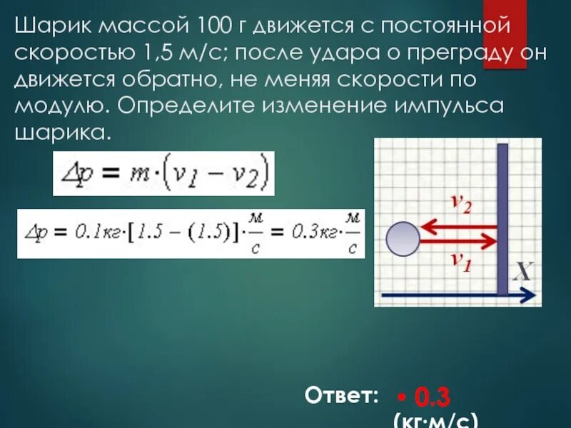 Шар массой 100г движется. Изменение импульса шарика. Определить изменение импульса. Шарик массой 100 г движется с постоянной скоростью. Шарик массой 100 г движется с постоянной скоростью 1.5.