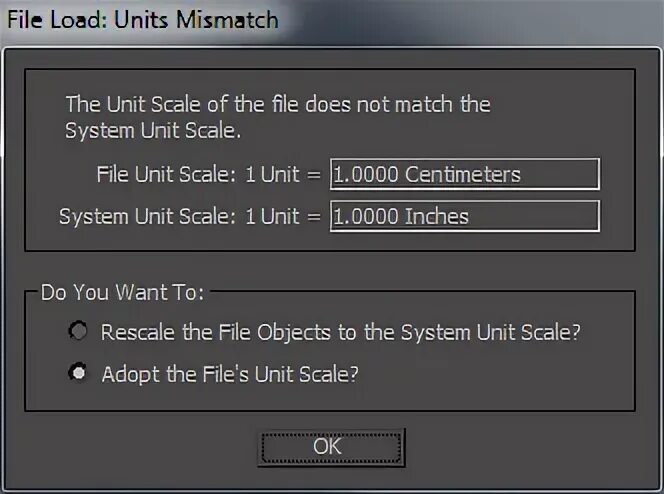 Loading unit. Load file. Units 3ds Max. Rescale the file objects to the System Unit Scale. System Unit Scale.