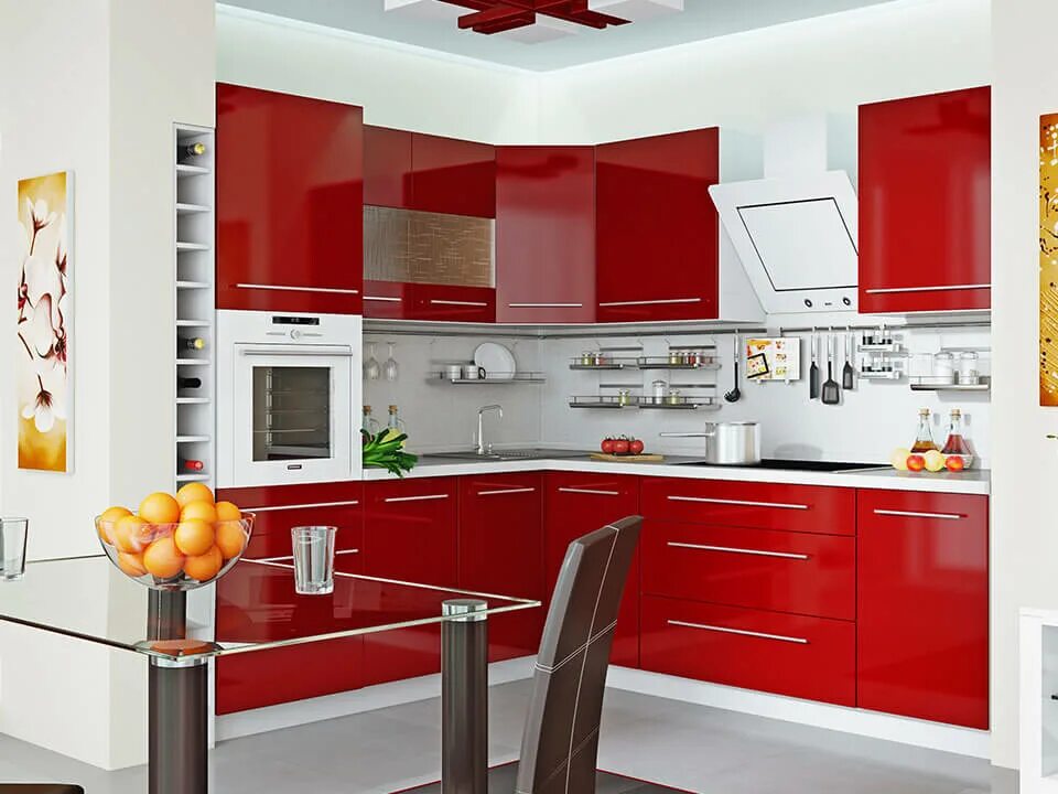 Купить кухню в москве в интернет магазине. Красивые кухонные гарнитуры. Красный кухонный гарнитур. Красные кухни. Интерьер угловой кухни.