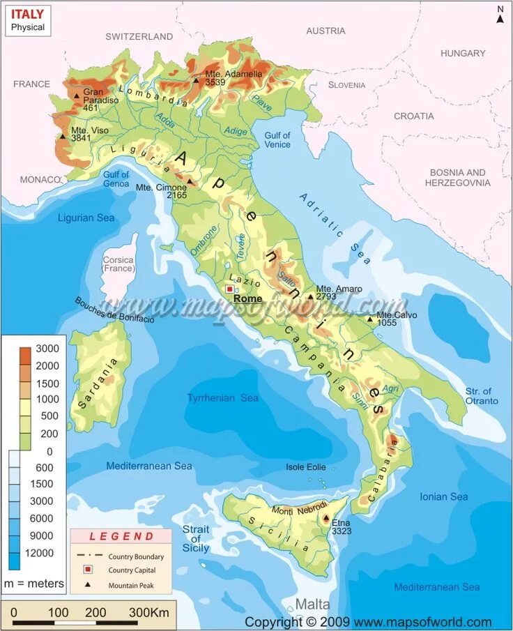 Какие горы на территории италии. Рельеф Италии карта. Физическая карта Италии. Карта Италии с островами и полуостровами.