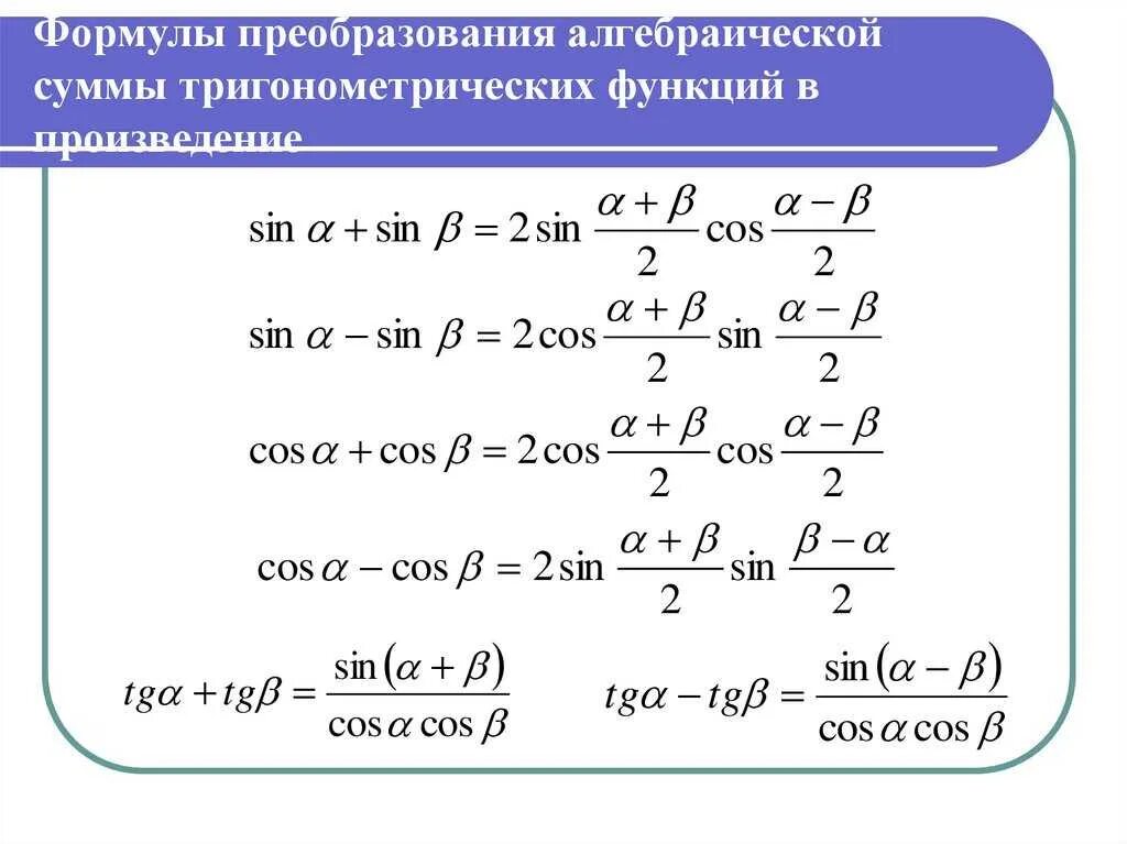 Формулы преобразования тригонометрических функций в сумму. Формулы суммы и разности тригонометрических функций. Тригонометрия формулы преобразования суммы. Преобразование произведения синусов и косинусов в сумму.
