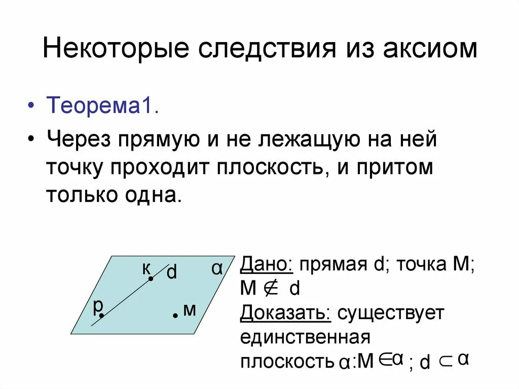 Докажите что через прямую можно провести. Следствия из аксиом стереометрии 10 класс. Доказательство 1 следствия из аксиом стереометрии. Доказательство 2 следствия из аксиом стереометрии. Следствие из аксиом теорема 1.