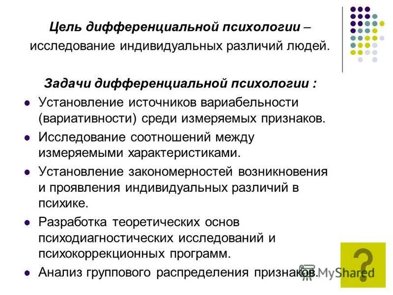 Этапы дифференциальной психологии. Дифференциальная психология предмет изучения. Методы дифференциальной психологии. Цель дифференциальной психологии. Основные этапы развития дифференциальной психологии.