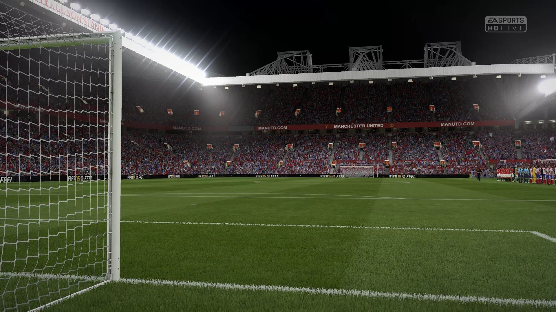 Ворота стадиона. FIFA 15 man United. Футбольное поле. Футбольное поле за воротами. Вид на футбольном стадионе за ковротами.