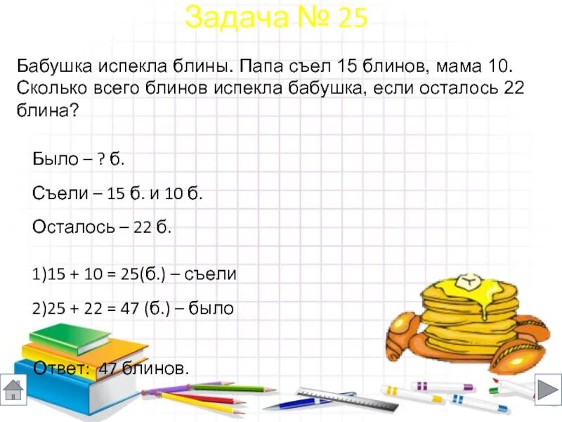 Задача про блины. Задачи по математике про блины. Задача бабушка испекла блины. Сколько блинов съели? Бабушка испекла. Бабушка раздала четверым внукам поровну