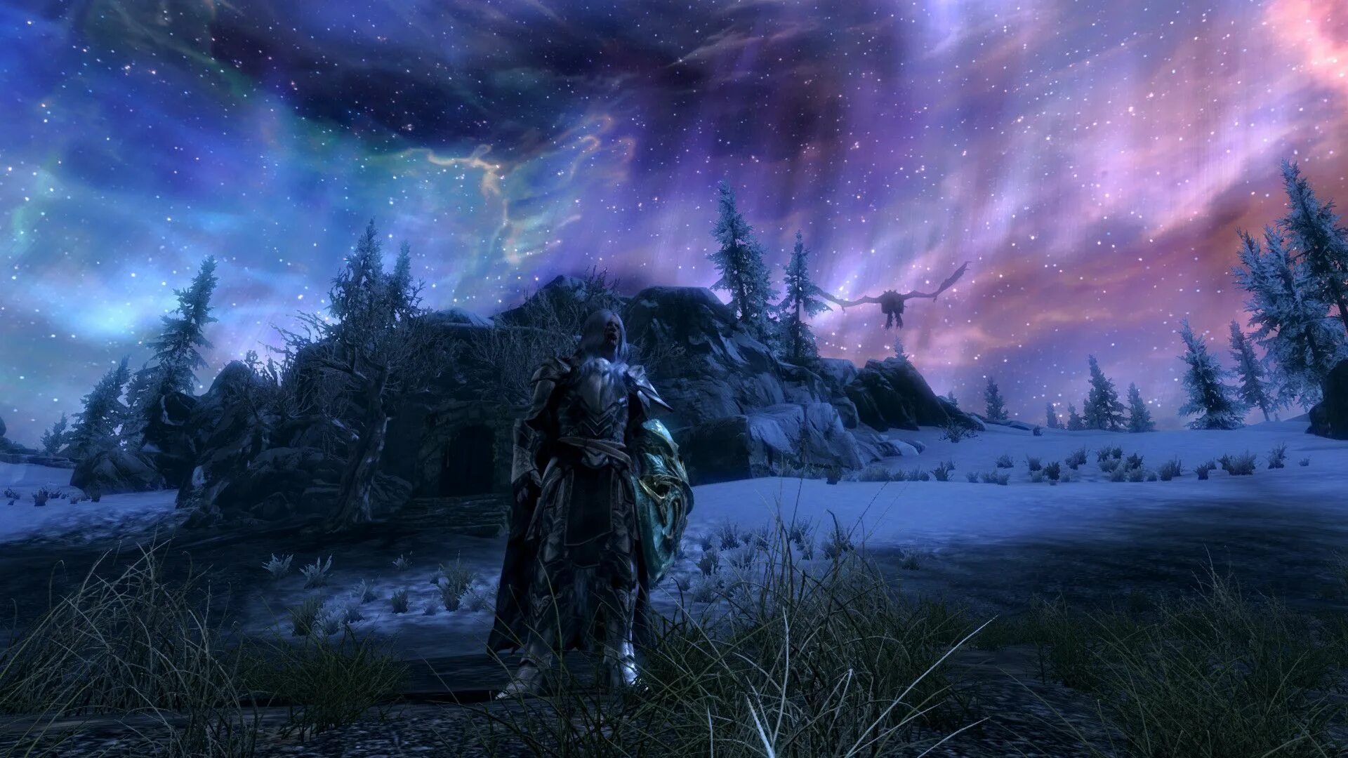 Ночной скайрим. Скайрим северное сияние. скайрим небо. skyrim обои. ночное небо скайрима.