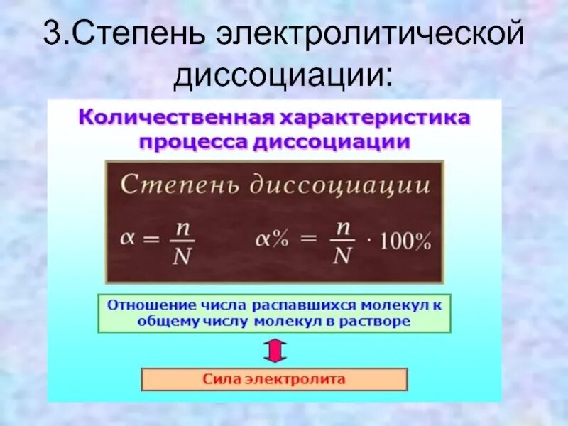 Диссоциация распад. Степень диссоциации электролита. Степень диссоциации электролита формула. Степень электролитической диссоциации. Степень электролитичкской дис.