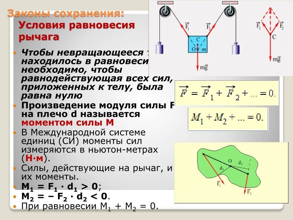 Условия равновесия сил на рычаге. Статика условие равновесия рычага. Условие равновесия моментов сил. Закон равновесия тел. Условия равновесия тел рисунки.