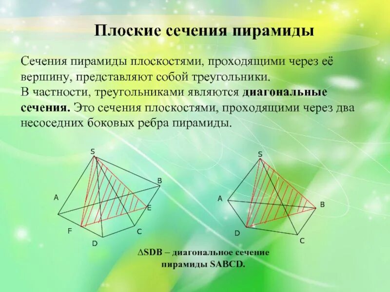Диагональное сечение пирамиды пирамиды. Диагональное сечение пятиугольной пирамиды. Плоские сечения пирамиды. Сечение треугольной пирамиды плоскостью. Сечение пирамиды плоскостью перпендикулярной боковой стороне