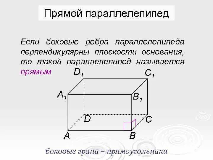 Изобразить прямой параллелепипед. Боковое ребро прямоугольного параллелепипеда. Плоскость основания параллелепипеда. Основание и боковые грани параллелепипеда. Ребра грани основания параллелепипеда.