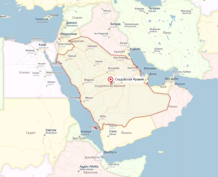Столица Саудовской Аравии на карте. Саудовская Аравия границы на карте.