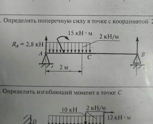 Какое значение поперечного. Определить поперечную силу. Определите поперечную силу в точке. Определить поперечную силу в точке с координатой 2 м. Определить изгибающий момент в точке с.