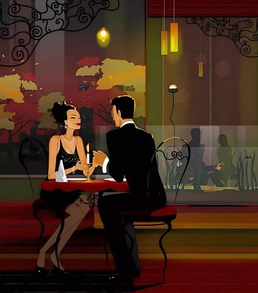 Люди в кафе. Романтический ужин в кафе. Рисунок пары в кафе. Но за столиком в любимой кафешке. Брент хейтон художник- париж.