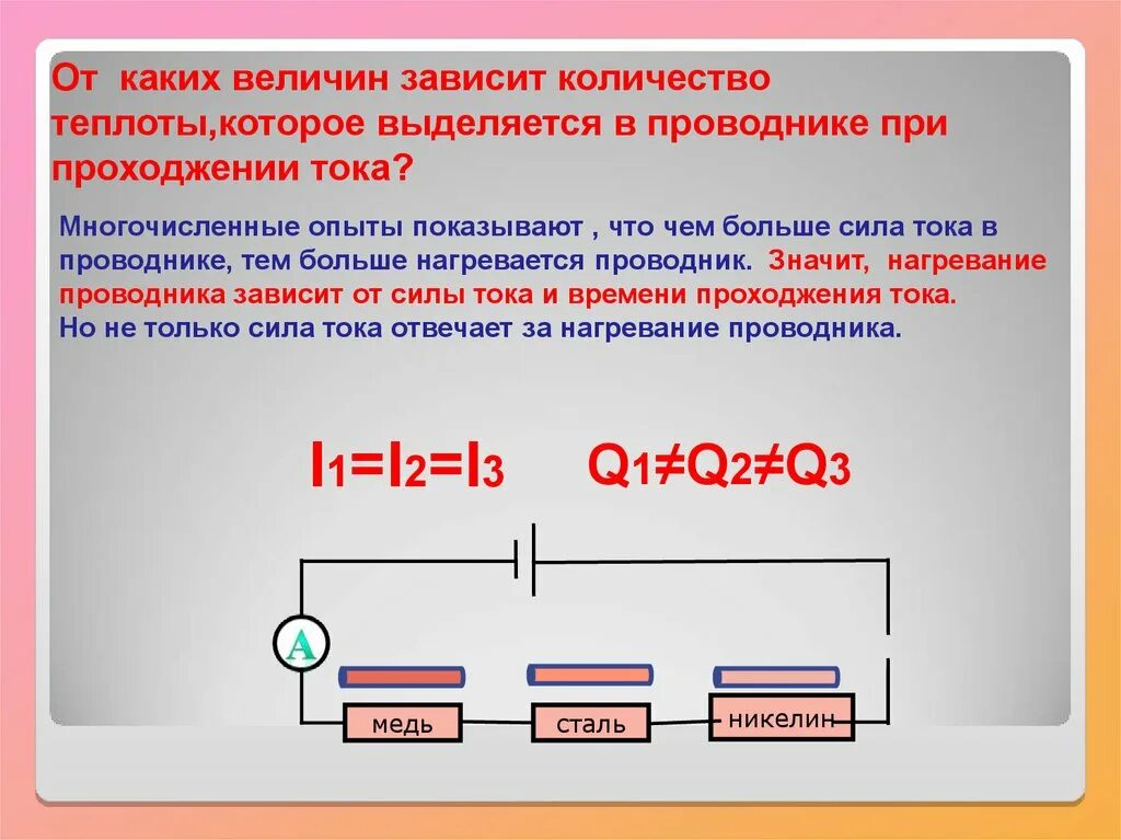 От каких факторов зависит сила тока. От чего зависит количество теплоты. Зависимость количества теплоты выделяемого в проводнике от силы тока. Теплота в электрической цепи. Сила тока в проводнике зависит от.