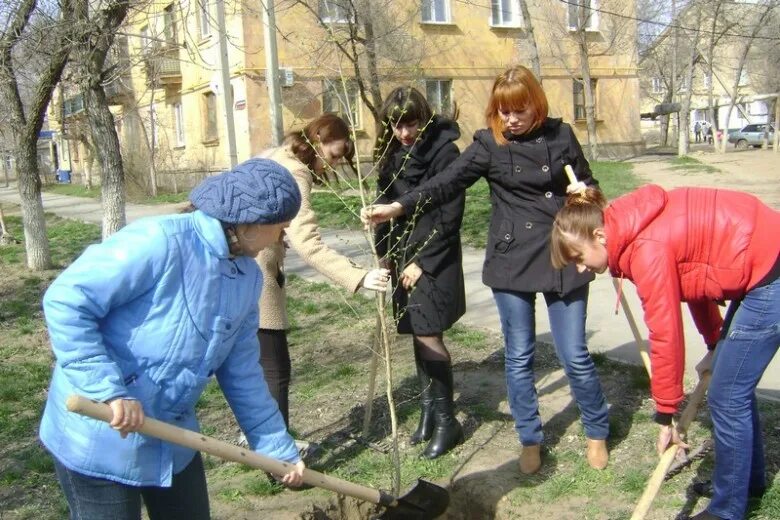 Весенние работы. Весенние работы людей в городе. Субботник во дворе. Люди на субботнике.