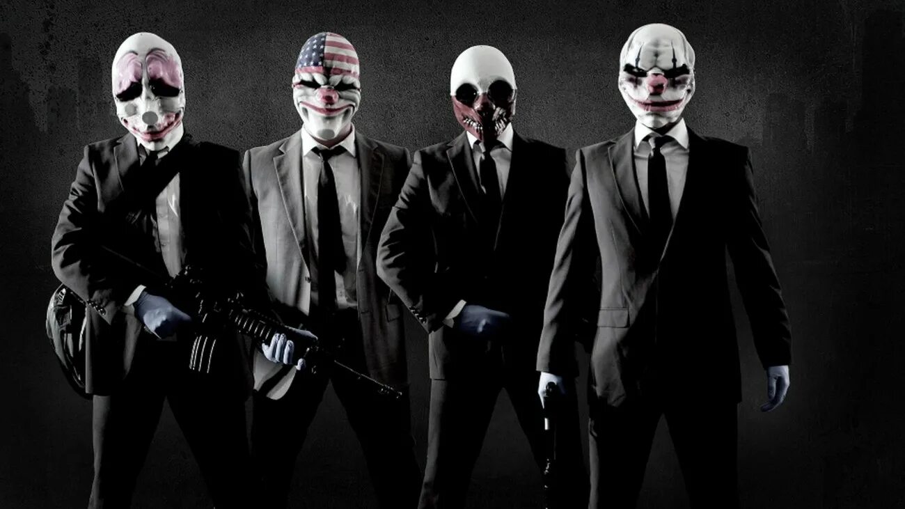 Клоун бандит. Payday 2. Хокстон payday 2. Грабители пейдей 2 в масках. Маски банды пейдей 2.