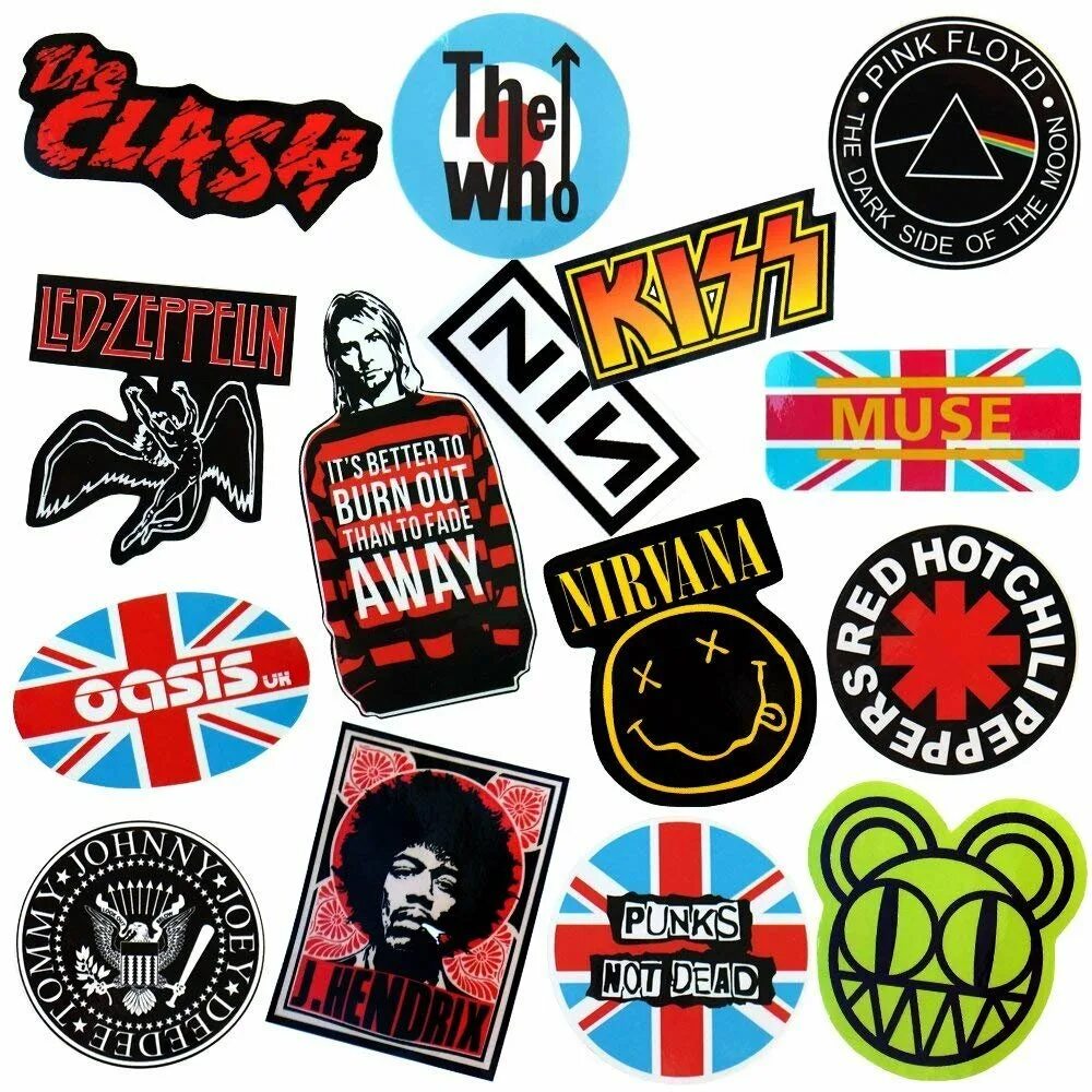 Наклейки с логотипами рок групп. Группа nirvana логотип. Наклейки рок групп. Наклейки в стиле рок. Наклейки рок.
