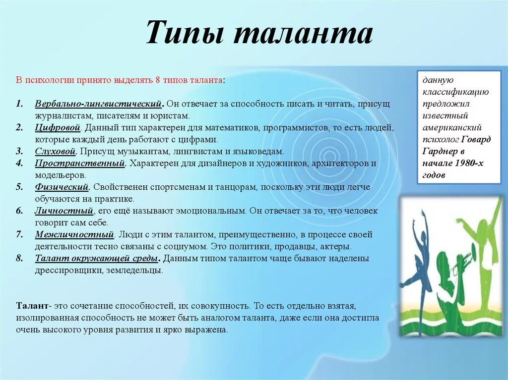 Какие бывают таланты у человека. Виды человеческих талантов. Таланты и способности человека примеры. Способности человека перечень.