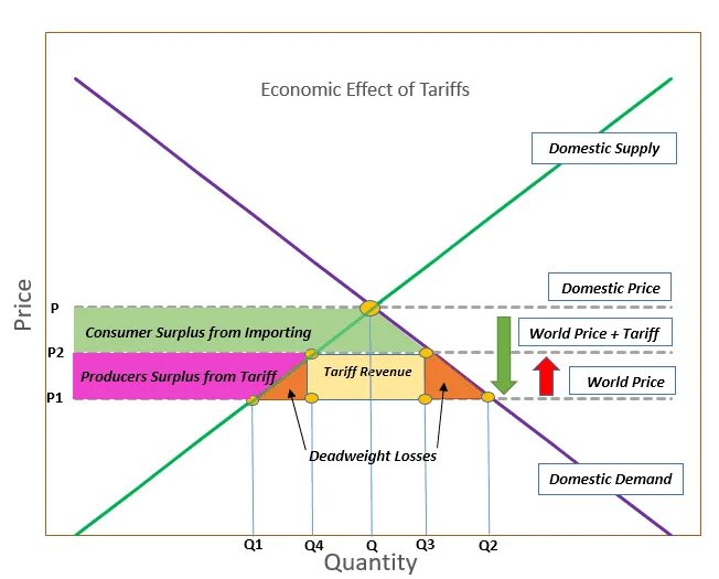 Tariff diagram. Consumer Surplus on the graph. Economic Surplus. Trade Surplus. Effect o