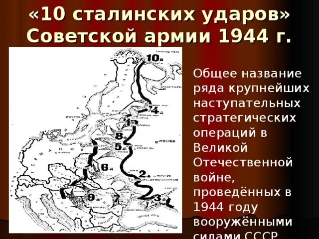 Десять сталинских ударов таблица 1944. Карта десять сталинских ударов Великой Отечественной войны. 10 Ударов Сталина на карте. Десять сталинских ударов направления ударов. 10 сталинских ударов 1944 года