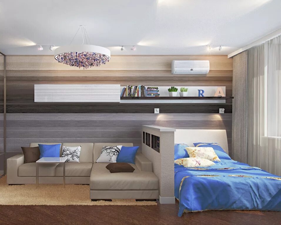 Интерьер комнаты в однокомнатной квартире. Спальня гостиная. Расстановка мебели в прямоугольной комнате. Интерьер однокомнатной квартиры. Две комнаты из одной.