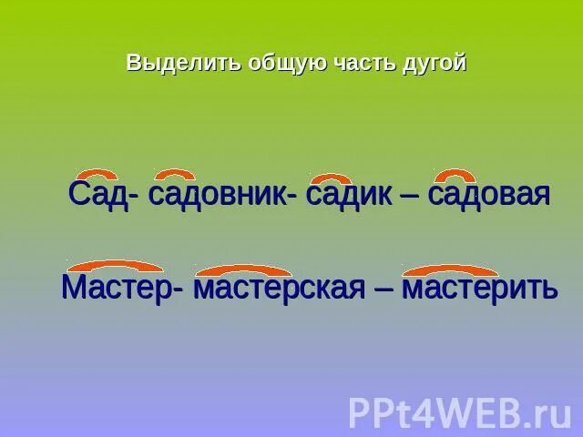 Части слова выдели город. Общая часть с выделенным. Общая часть слова. Как выделить общую часть слова. Родственные слова сад.