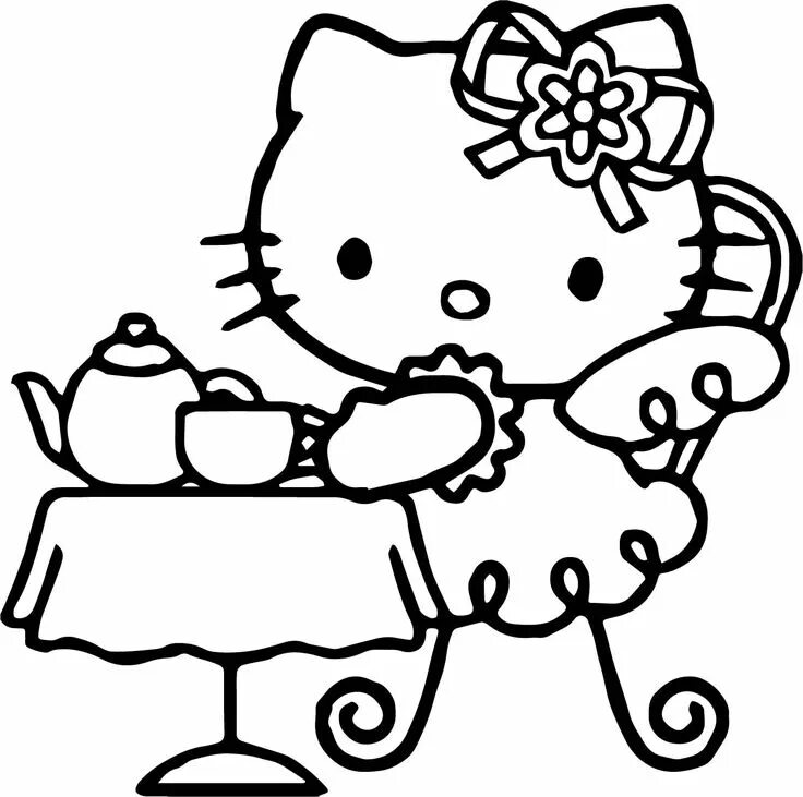 cool Hello Kitty Drink Tea Coloring Page