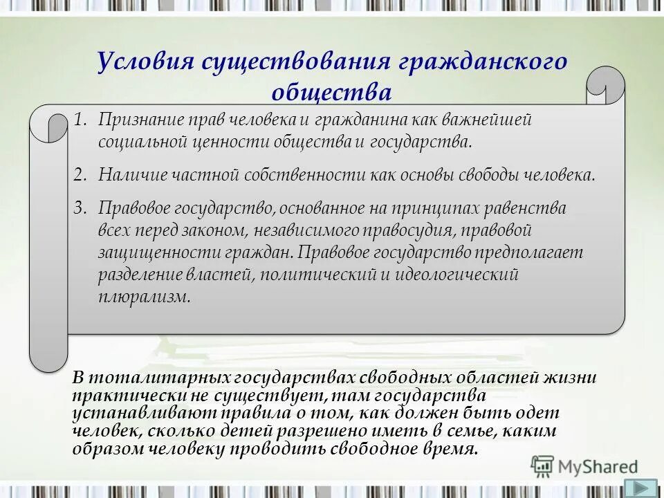 Приведите три условия существования гражданского общества