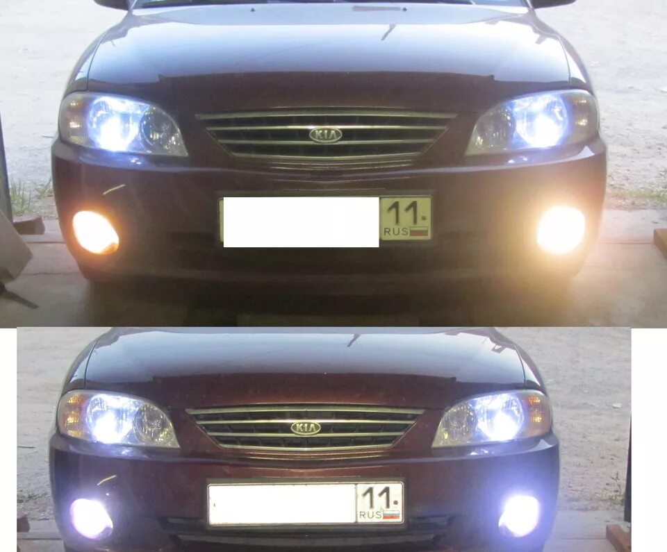 Противотуманные фары киа спектра. Led лампы на Kia Spectra 2008 года. Kia Spectra противотуманки led. Кия спектра ПТФ светодиодные. ПТФ Киа спектра 2006 ПТФ светодиодные.