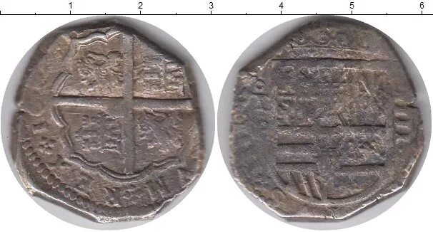 Серебряная монета 4. Монета Испании в 1/4 Реала. Spain ½ real, 1622-1664. Монета 4 Реала 1620 цена.