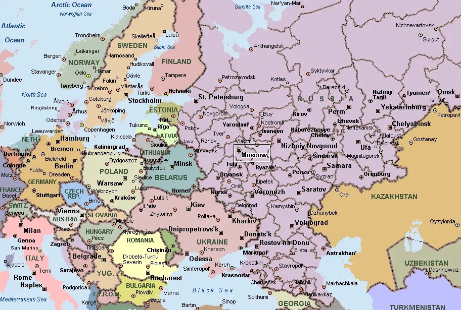 Карта областей РФ европейская часть. Политическая карта европейской части России с областями. Карта европейской части России с областями и городами. Карта Европы и европейской части России с городами.