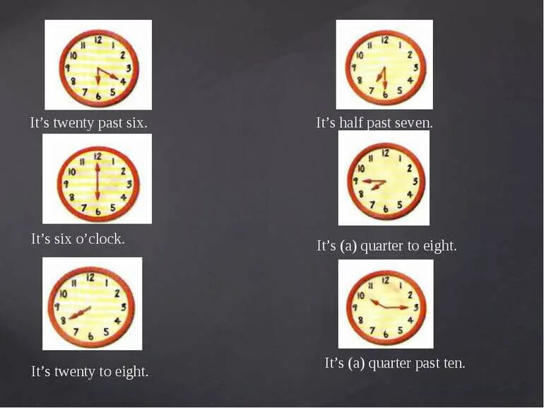 It s ten to three. Twenty Five past eight на часах. Twenty past Six. Quarter past Six на часах. It's a Quarter past ten на часах.