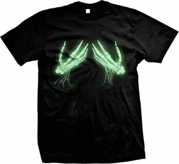 GLOW IN THE DARK Skeleton Hands Holding Boobs Halloween Funny Humor Mens T-shir...