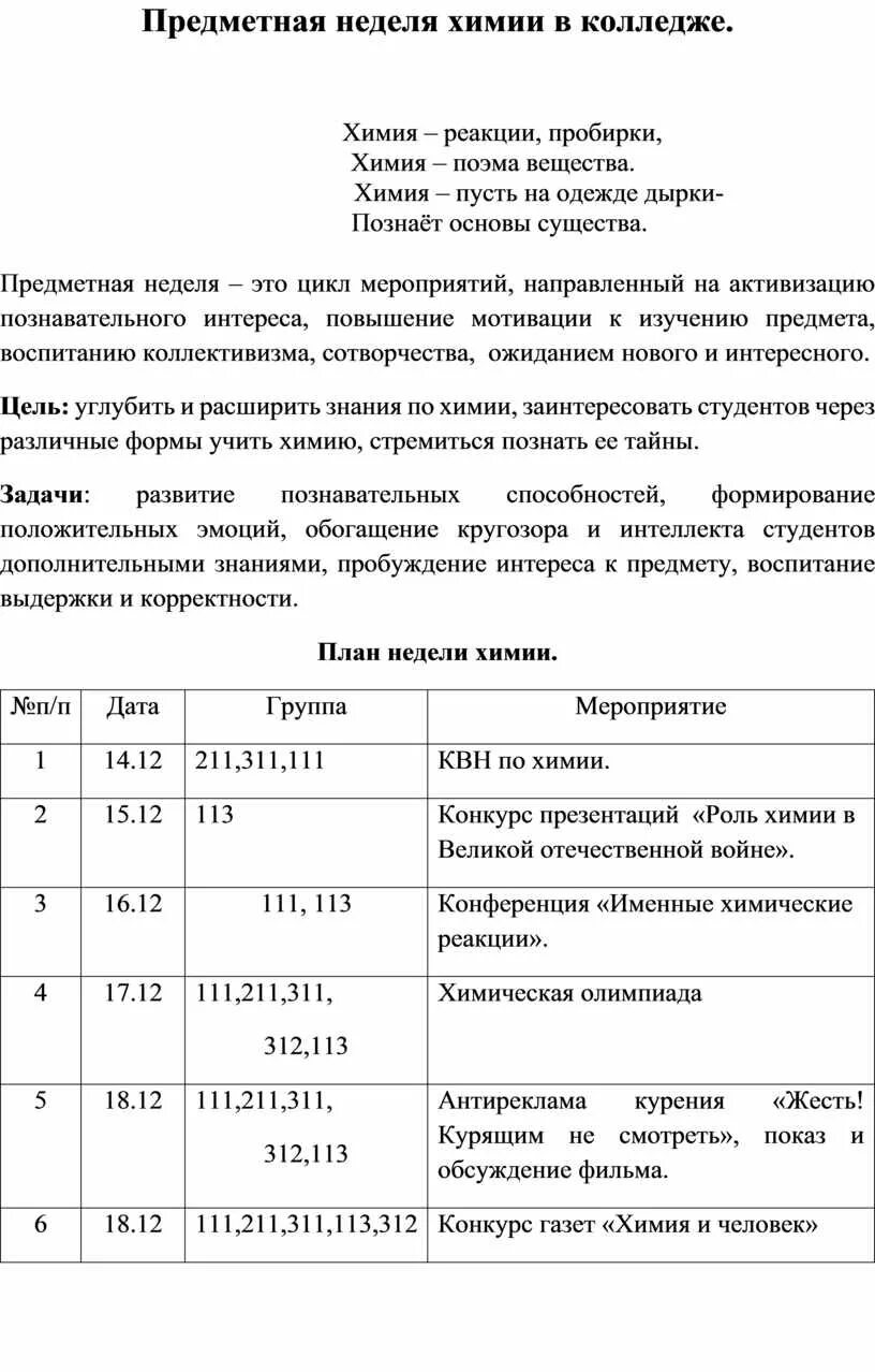 План предметной недели по химии. Неделя химии план мероприятий. Предметная неделя химия. Мероприятия в неделю химии в школе.