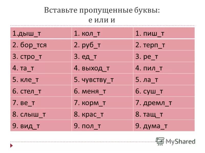 Стро тся роты. Е или и се.т пиш.т слыш.т. Дыш..т. Терп…т, верт…т, дремл…т. Е или и дыш т, пишет.