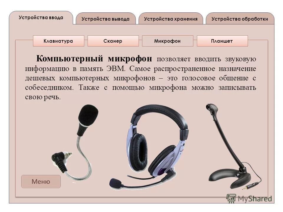 Устройства вывода информации микрофон. Устройства вывода информации микрофон