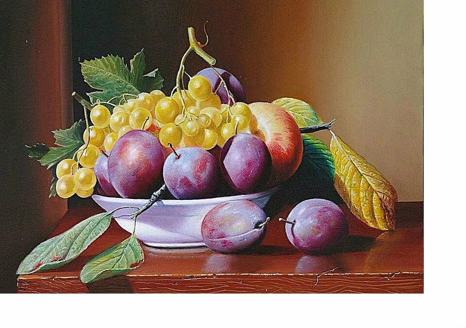 В 2 вазах по 18 яблок. Рой Ходриен натюрморт. Художник Roy Hodrien. Натюрморт с виноградом Рембрандта.