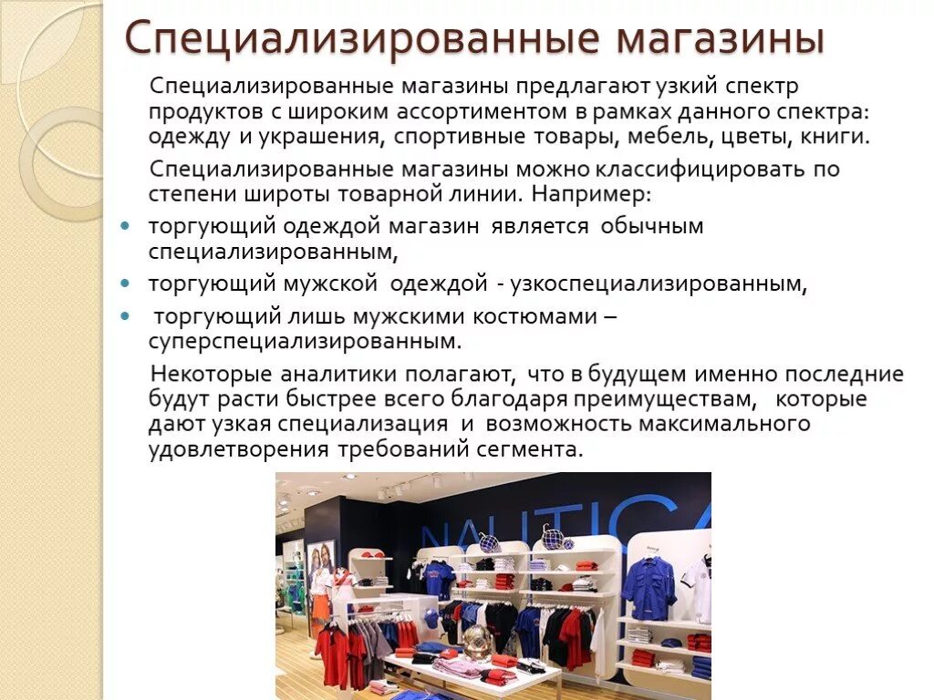 Shop store разница. Специализированные магазины. Типы магазинов розничной торговли. Специализированный магазин виды. Специализированные узкоспециализированные магазины.