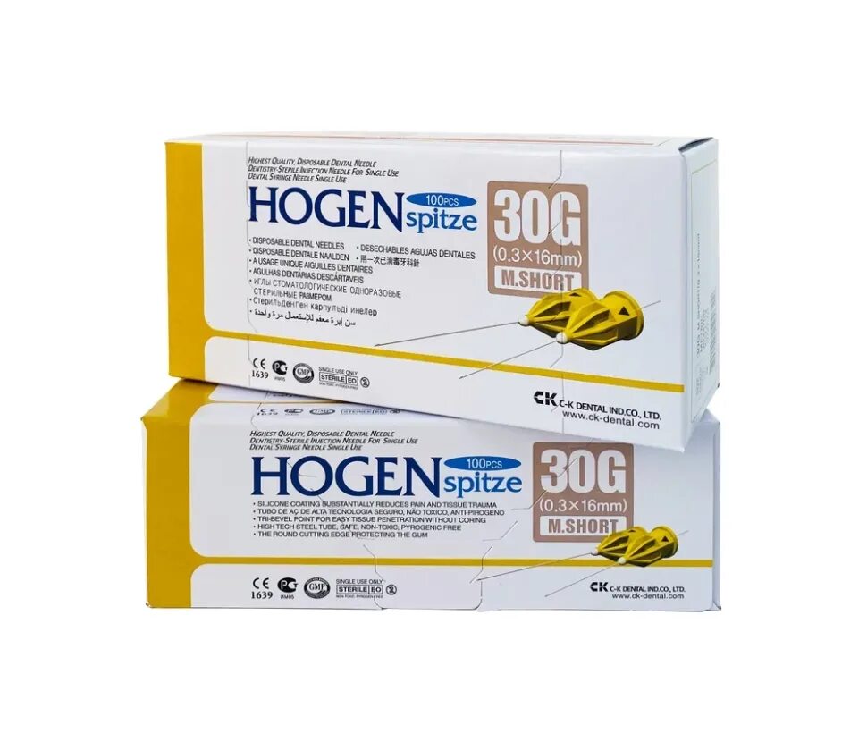 Иглы карпульные Hogen. Hogen Spitze c-k Dental 0.3 х 16 мм. Hogen Spitze иглы стоматологические. Иглы карпульные Hogen Spitze 0,4*30 мм 100шт CK Dental IND.co., Ltd.