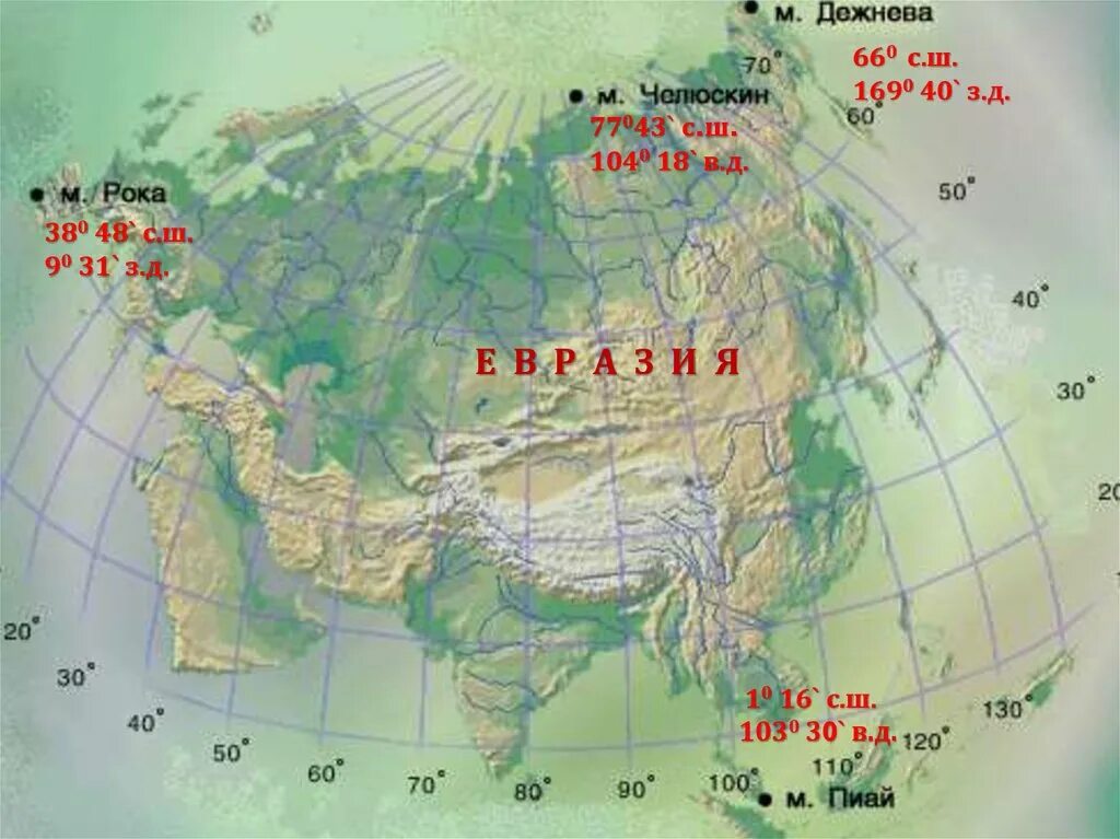 Крайние точки материка евразия на карте