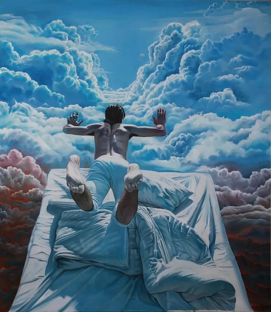 Мечтая что приснится. Осознанный сон. Человек на облаке. Осознание сноиведения. Мечтатель живопись.