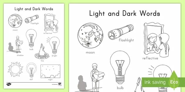 Read the words aloud. Light source. Light Dark задания по английскому. Light and Dark Worksheets. Light and Dark for Kids.