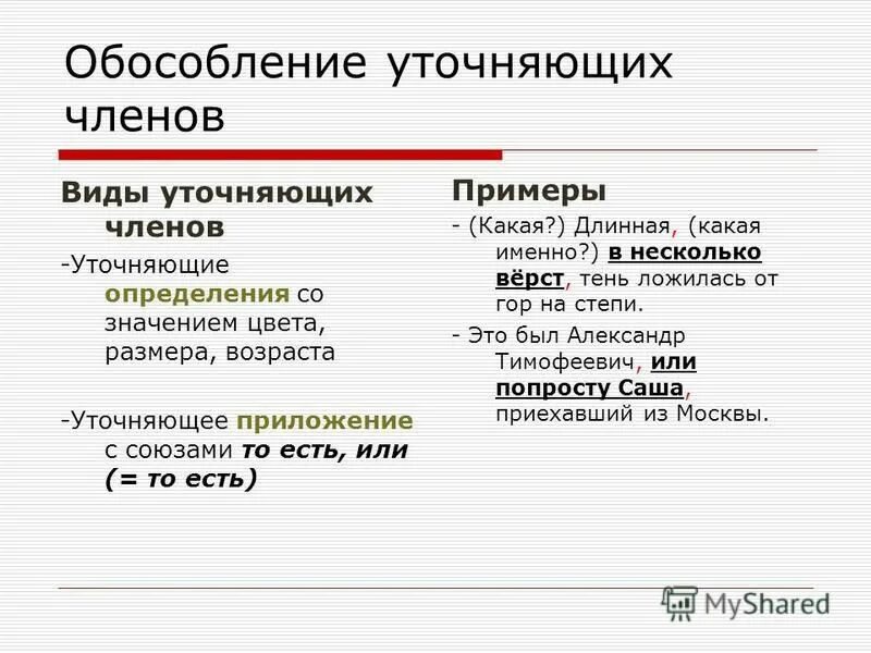 Урок обособление уточняющих членов предложения