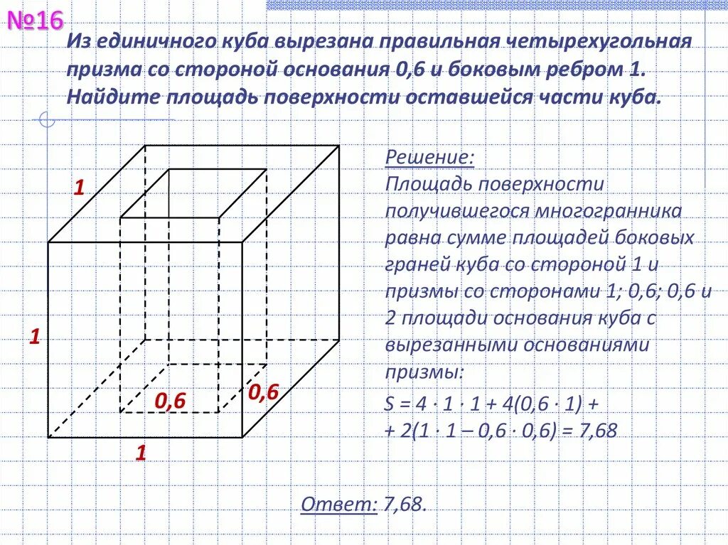 Площадь полной поверхности 4 угольной призмы. Правильная четырехугольная Призма. Из еденисного Куба вырезана правильная четырёх угольная прищма. Из единичного Куба вырезана правильная четырехугольная. Площадь правильной четырехугольной Призмы.