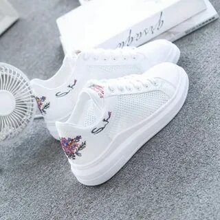 White Women Casual Snickers Shoes 2018 Summer Embroidered Breathable Light Cute 