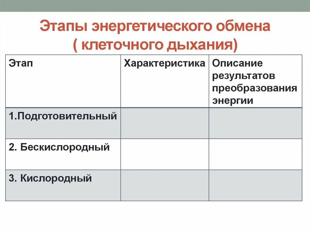 Этапы клеточного дыхания таблица. Этапы энергетического обмена. Стадии клеточного дыхания таблица. Подготовительная стадия клеточного дыхания.