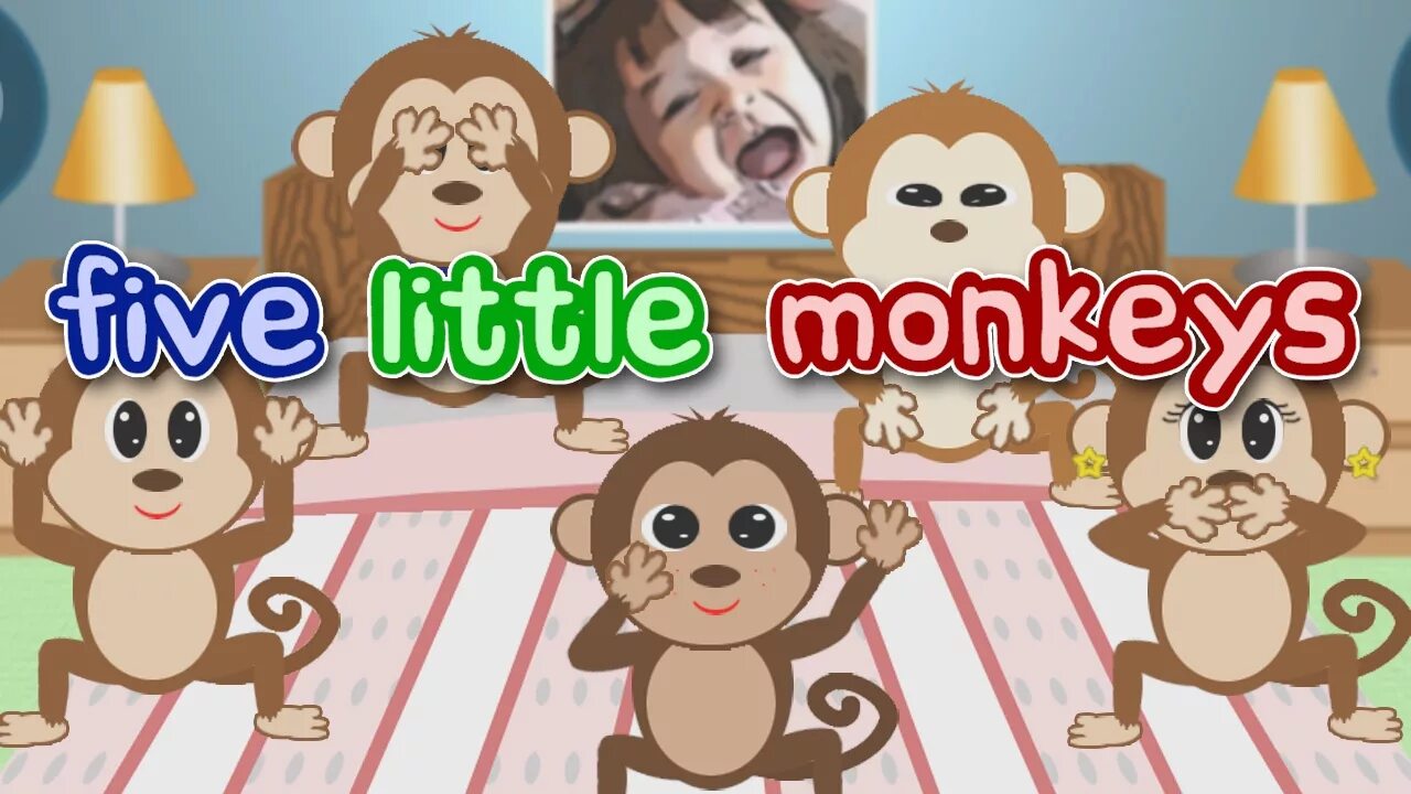 Включи видео little monkey. Five little monkeys. five little monkeys jumping on the bed. five little monkeys jumping on the bed nursery rhymes. пять обезьянок прыгали в кроватке текст.